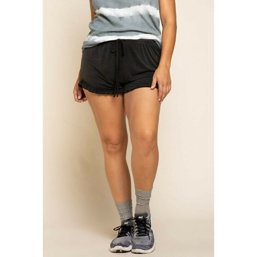 POL CLOTHING PLUS Black Color Drawstring Ruffle Comfy Shorts Spring Summer New - Picture 3 of 6